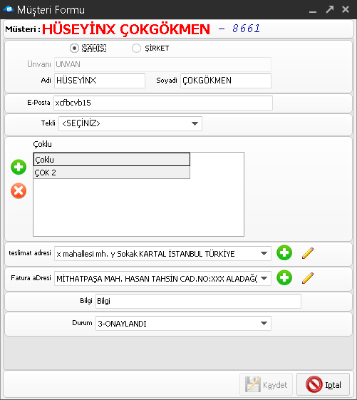 Çağrı Merkezi Özel Bilgi Formu Ekranı